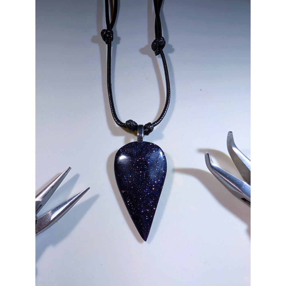 Blue Goldstone Teardrop Pendant Necklace Adjustable Black Cord Starry Night Sky